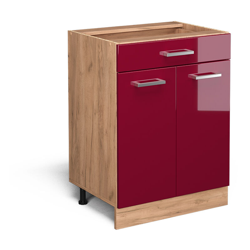 foto del prodotto mobiletto base per cucina r line, rosso bordeaux lucido, 60 cm con cassetto, senza piano di lavoro vicco