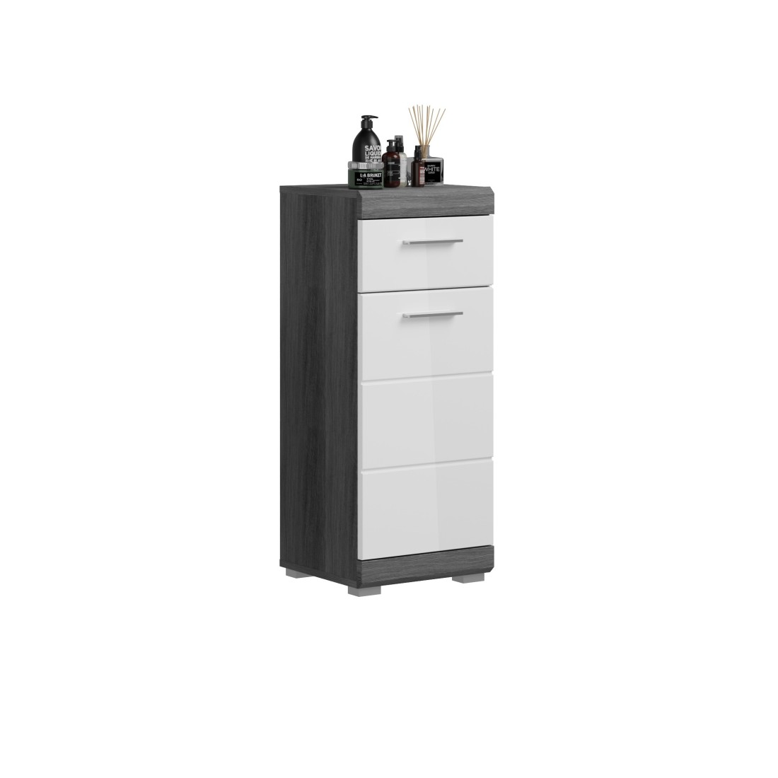foto del prodotto mobiletto basso scott 1 porta e 1 cassetto grigio scuro e bianco 37x88x31 cm