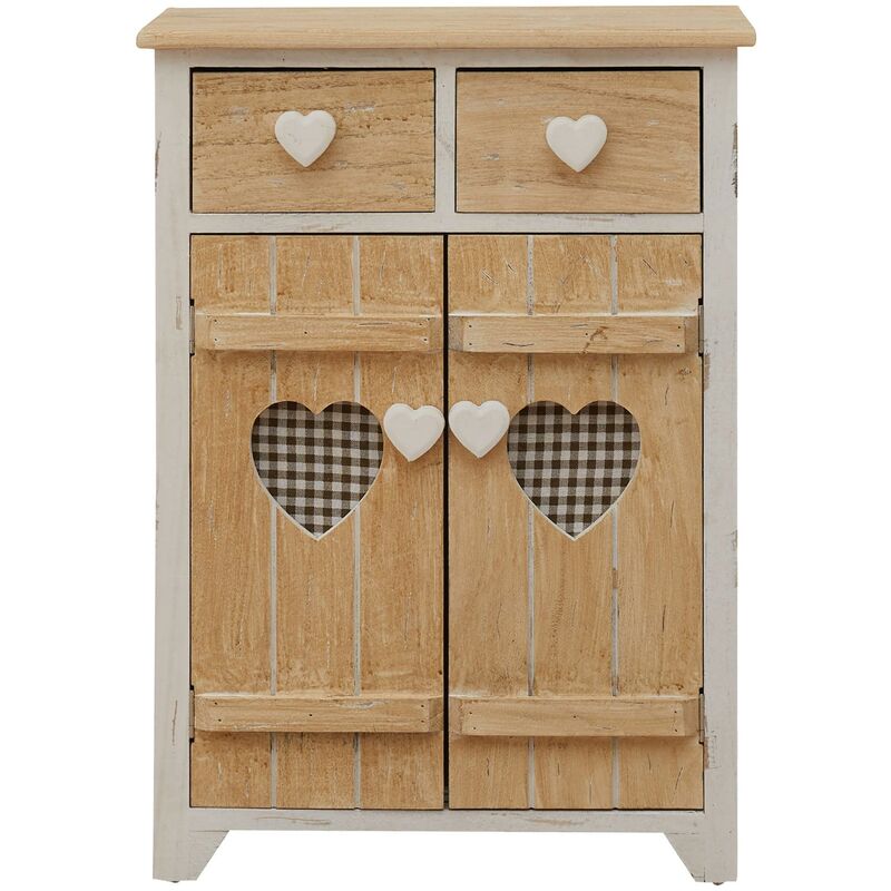 foto del prodotto mobiletto comodino 2 cassetti 2 ante legno bianco pomelli cuore shabby 70x51x30