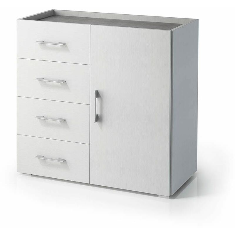 foto del prodotto mobiletto con anta e cassetti bianco e vassoio grigio cemento