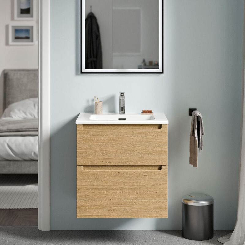 foto del prodotto mobiletto con lavabo bianco vireo 60 cm - colore selezionabile rovere miele