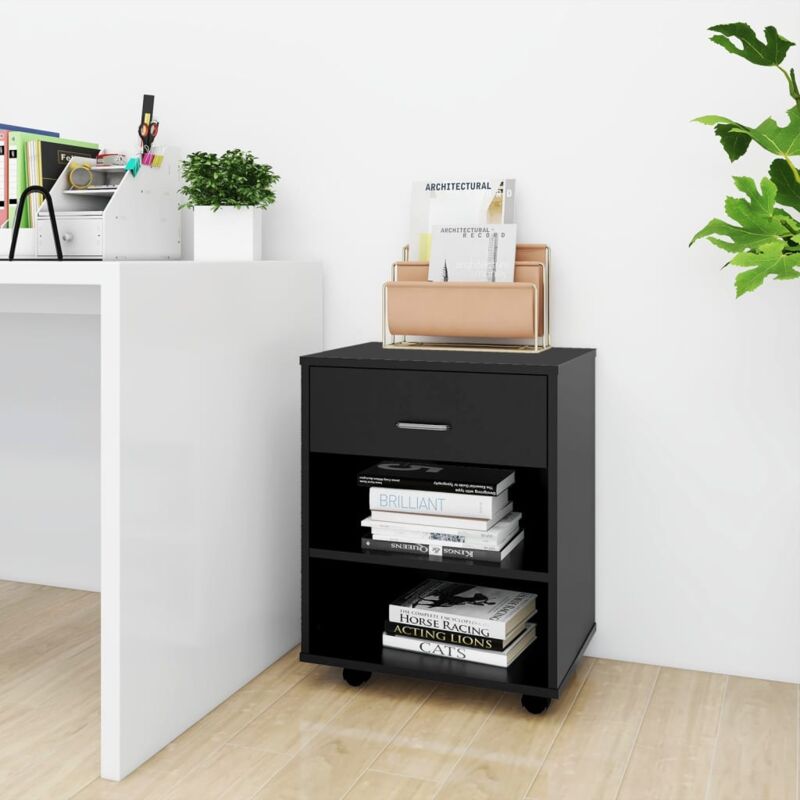 foto del prodotto mobiletto con rotelle 2 scomparti e cassetto per casa o studio vari colori colore nero
