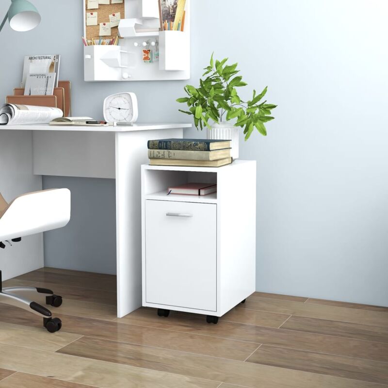 foto del prodotto mobiletto con scomparto aperto anta e ruote ideale per ufficio vari colori colore bianco