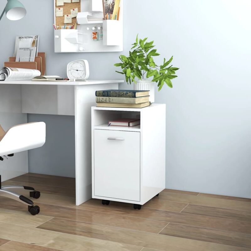 foto del prodotto mobiletto con scomparto aperto anta e ruote ideale per ufficio vari colori colore bianco lucido