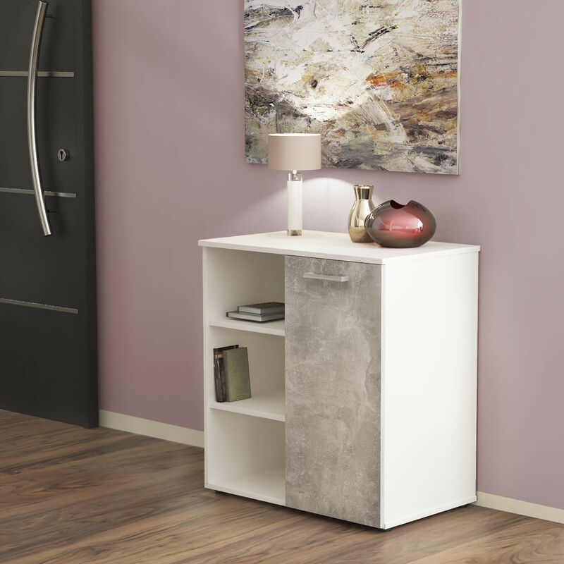 foto del prodotto mobiletto credenza da interno soggiorno salotto in legno nobilitato bilaminato con 1 anta e 3 ripiani linea classic bianco anta grigio chiaro