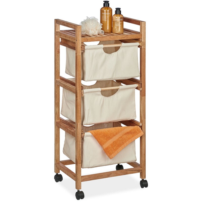 foto del prodotto mobiletto da bagno con 3 cestini, scaffale salvaspazio, mobile in legno, 96x43,5x33,5 cm, naturale beige relaxdays
