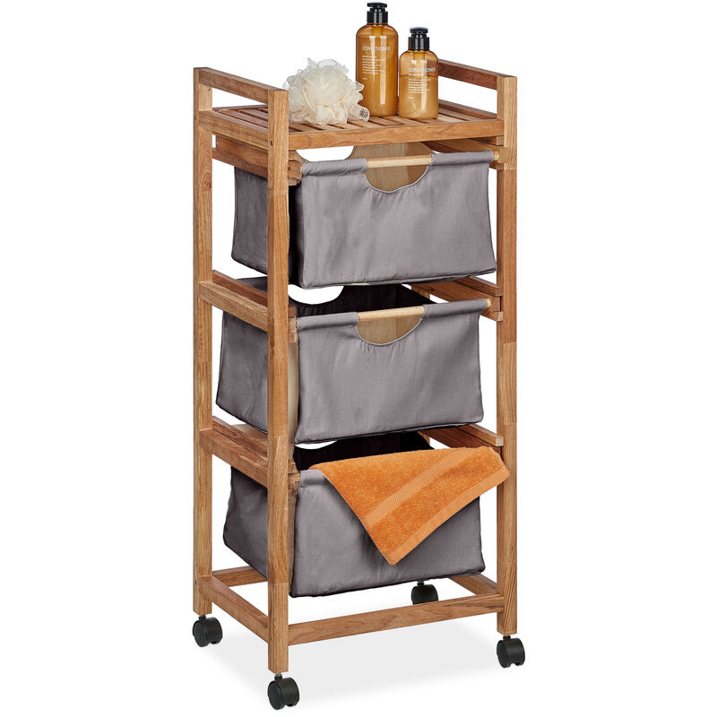 foto del prodotto mobiletto da bagno con 3 cestini, scaffale salvaspazio, mobile in legno, 96x43,5x33,5 cm, naturale grigio relaxdays
