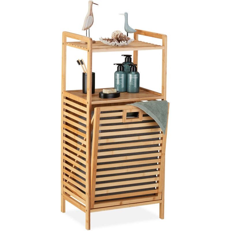 foto del prodotto mobiletto da bagno con cesto portabiancheria, 2 ripiani, 96x44x33 cm sacco inclinabile, bamb , naturale grigio relaxdays