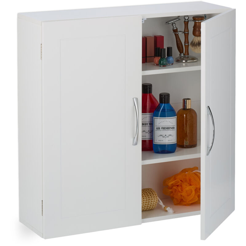 foto del prodotto mobiletto da bagno pensile, 3 ripiani e 2 ante in mdf, armadietto sospeso da parete, hlp 60x60x20 cm, bianco relaxdays