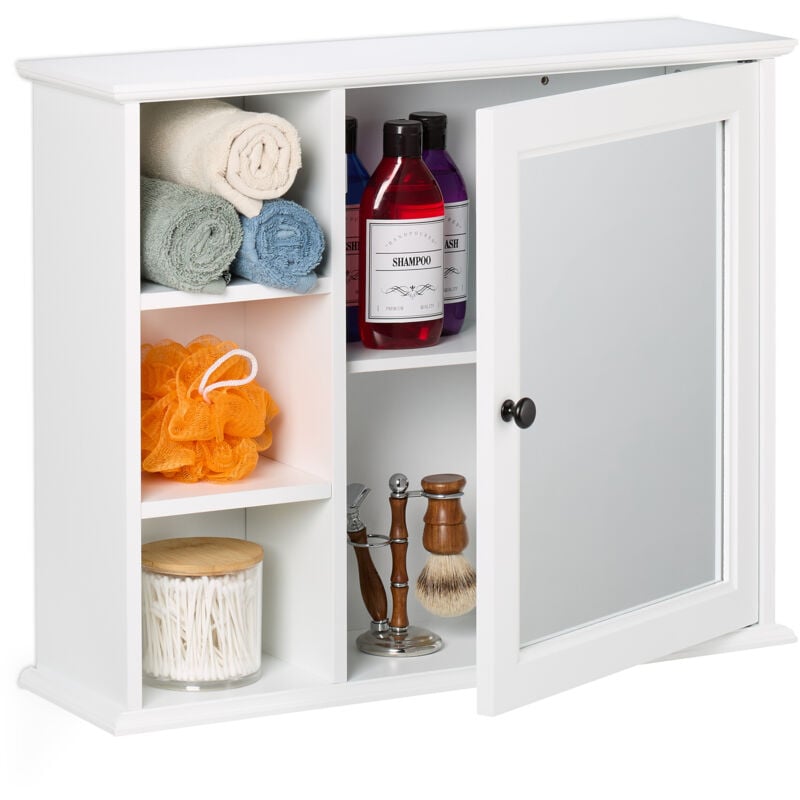 foto del prodotto mobiletto da bagno pensile, 3 ripiani e 2 scomparti, armadietto con anta a specchio, mdf, 48x60x18 cm, bianco relaxdays