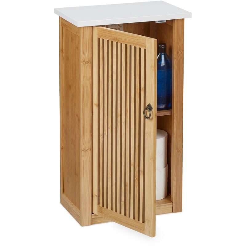foto del prodotto mobiletto da bagno pensile, ripiano regolabile, armadietto da parete, in bamb , hlp 60x34,5x21 cm, naturale relaxdays