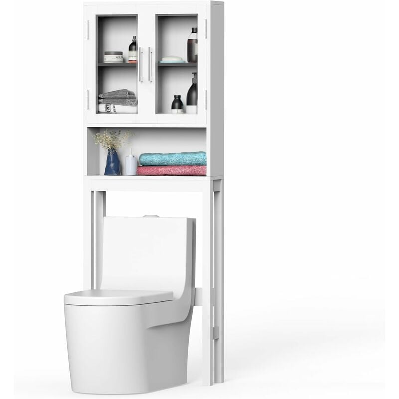 foto del prodotto mobiletto da bagno sopra wc, organizzatore da bagno con doppia anta in vetro temperato e ripiano regolabile all'interno, mobile da bagno salvaspazio,