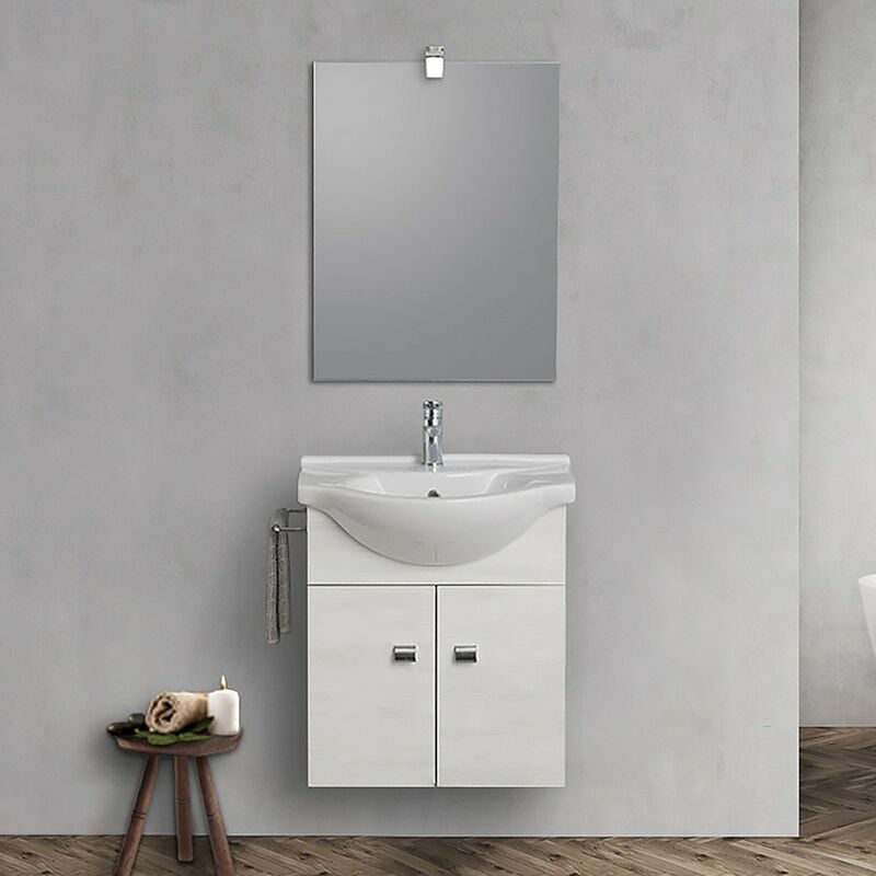 foto del prodotto mobiletto da bagno sospeso 55 cm rovere bianco con lavabo e specchio incluso