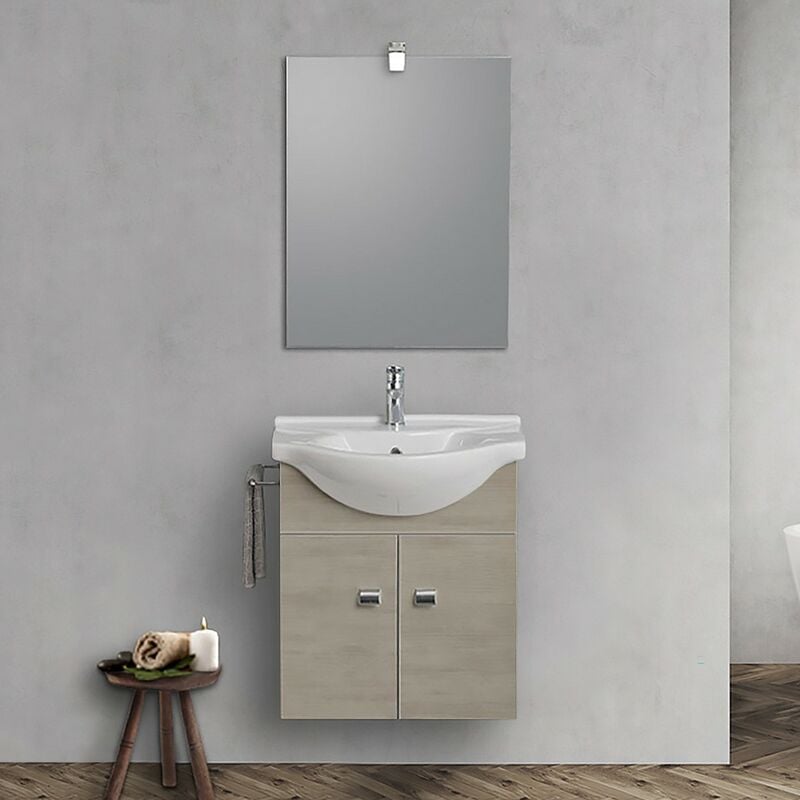 foto del prodotto mobiletto da bagno sospeso 55 cm rovere grigio con lavabo e specchio incluso