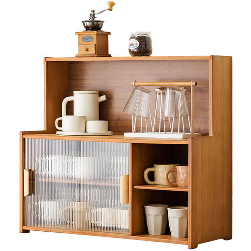 foto del prodotto mobiletto da cucina, mobile contenitore per piano di lavoro con divisorio a due strati e piano di lavoro apribile, organizer per armadi in bamb ,