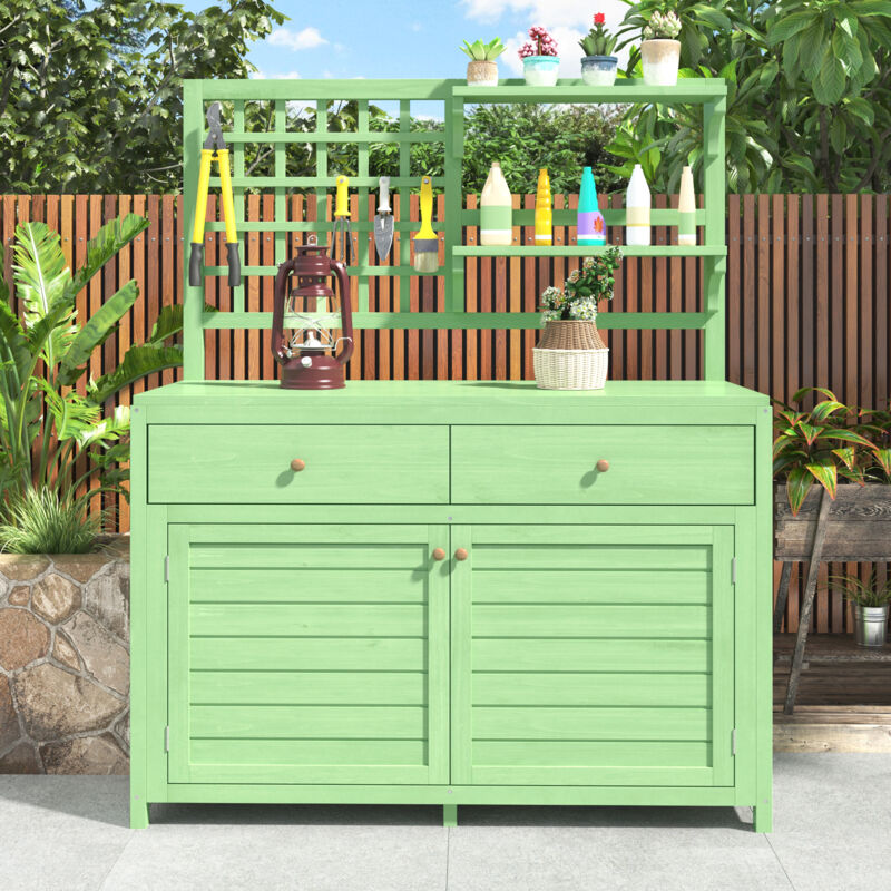 foto del prodotto mobiletto da esterno 141,5x44x105cm, cassettiera con 2 cassetti 2 ante, casetta per attrezzi da giardino, legno, verde modfu