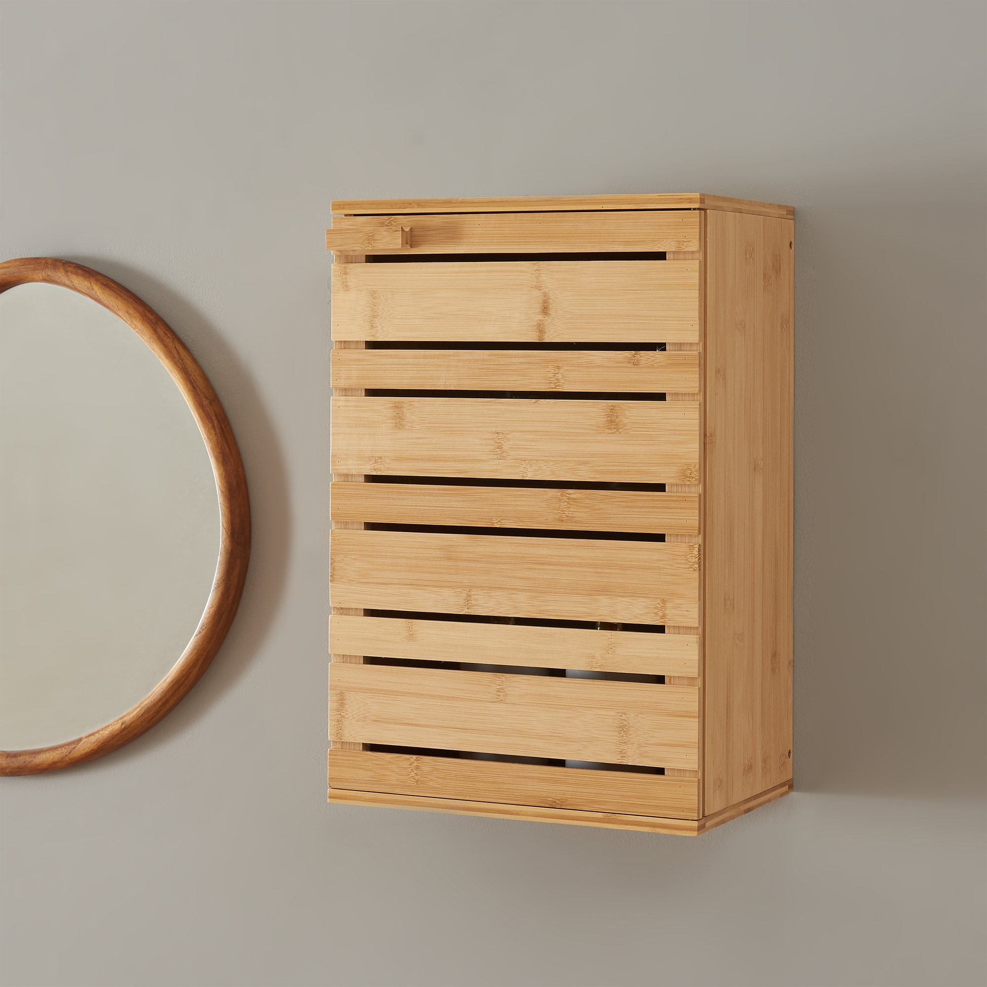 foto del prodotto mobiletto da parete epind con scomparti chiusi per bagno cucina 50x33x20 cm bamb naturale en.casa 