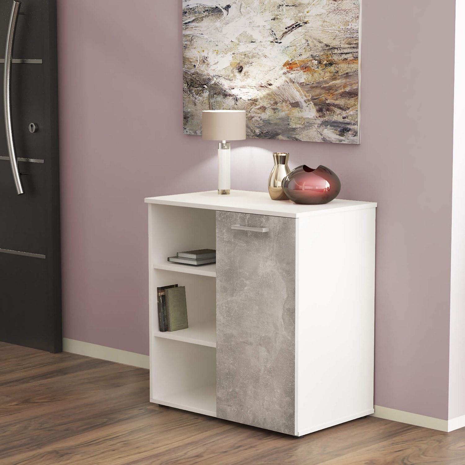 foto del prodotto mobiletto ingresso con 1 anta e 3 mensole di colore bianco e cemento chiaro mod. mark