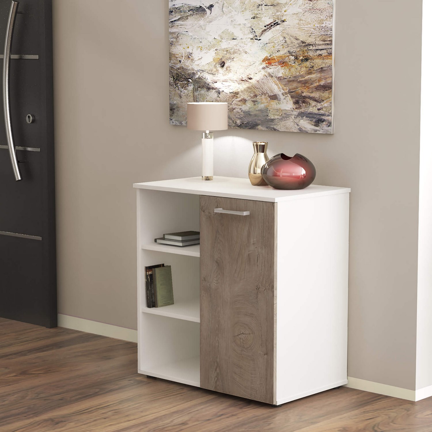 foto del prodotto mobiletto ingresso con 1 anta e 3 mensole di colore bianco e rovere chiaro mod. mark