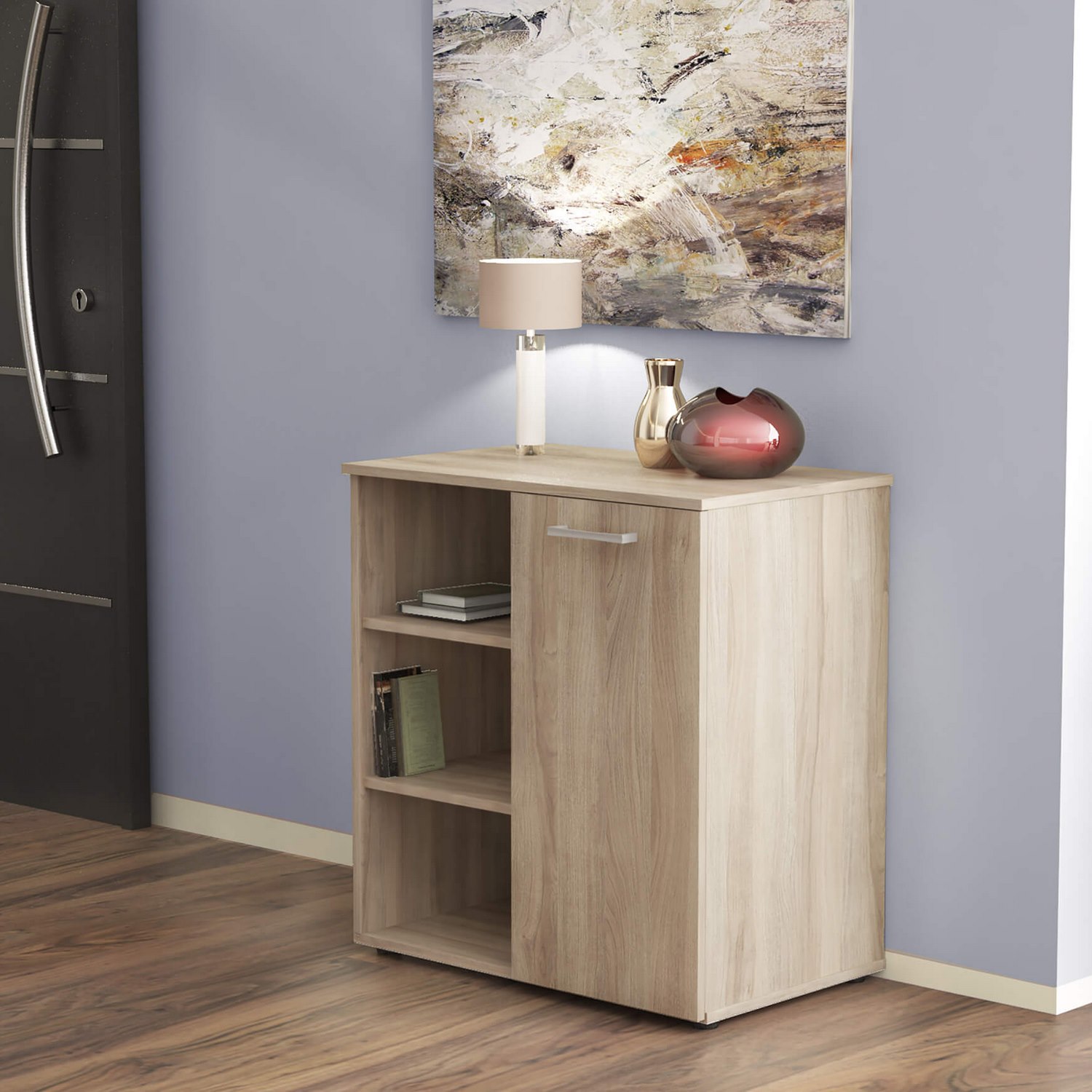 foto del prodotto mobiletto ingresso con 1 anta e 3 mensole di colore olmo chiaro mod. mark