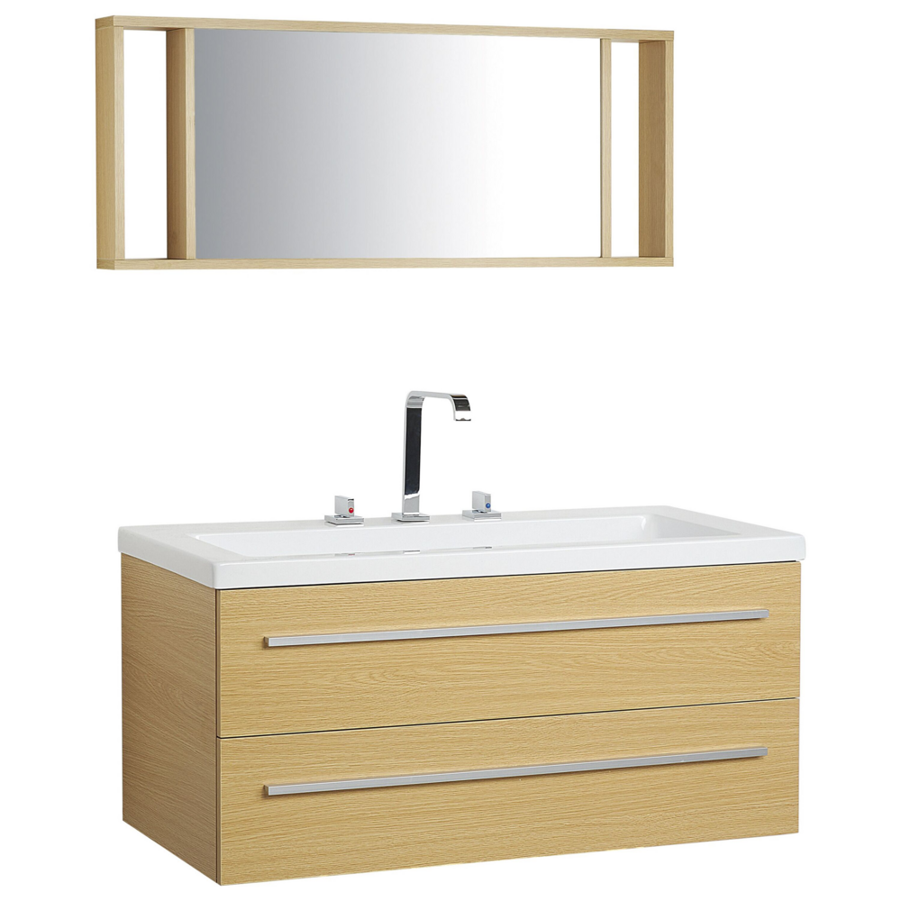foto del prodotto mobiletto lavabo colore beige e argento a 2 cassetti con specchio in stile moderno contemporaneo
