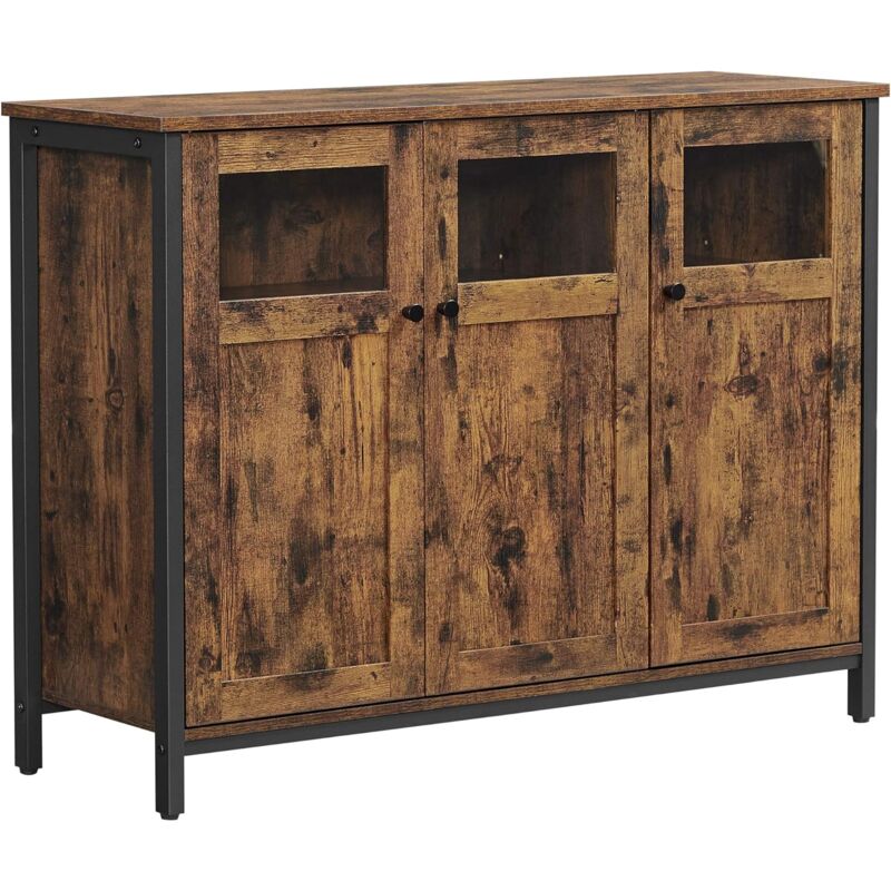 foto del prodotto mobiletto multiuso, credenza, armadietto con ante in vetro, per sala da pranzo salotto corridoio cucina, struttura in acciaio, stile industriale,