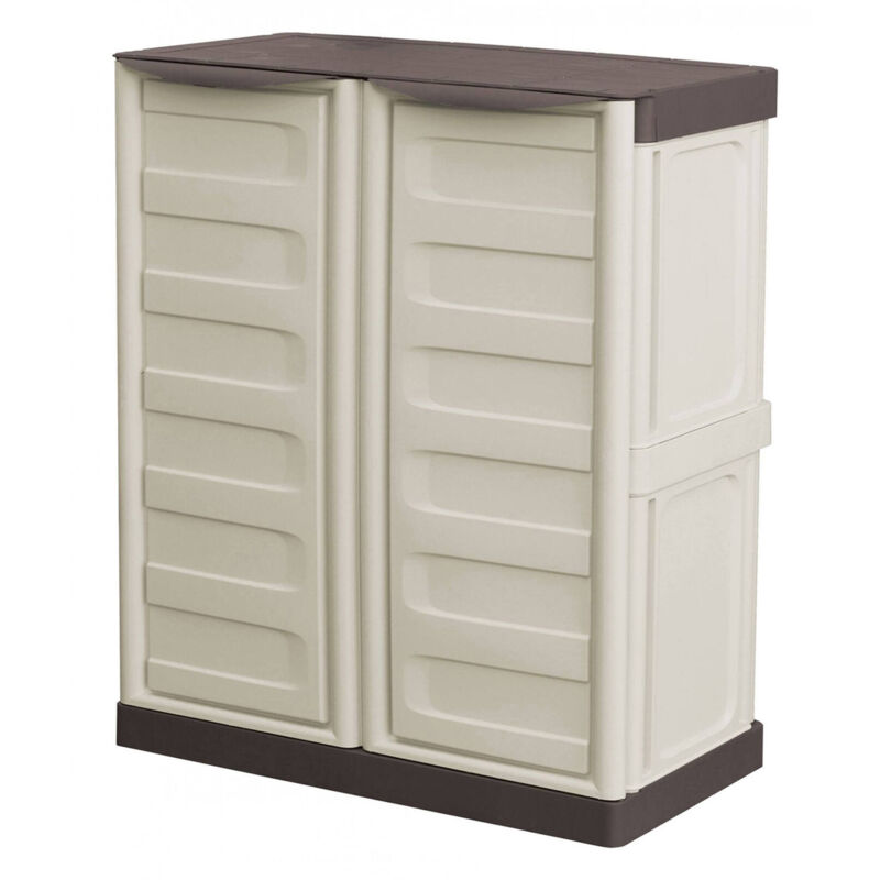 foto del prodotto mobiletto multiuso da esterno o interno, armadio basso a 2 ante e 1 ripiano in polipropilene, mobile 100 made in italy, cm 70x39h86, colore beige,