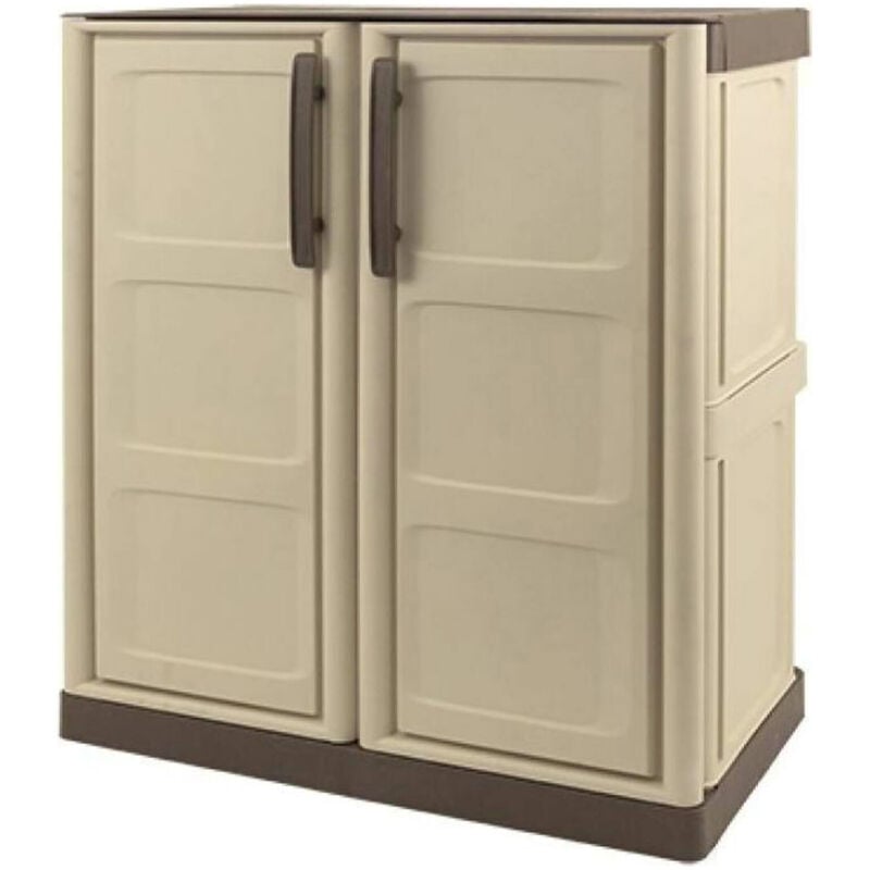 foto del prodotto mobiletto multiuso da esterno o interno, armadio basso a 2 ante e 1 ripiano in polipropilene, mobile 100 made in italy, cm 70x39h86, colore beige,