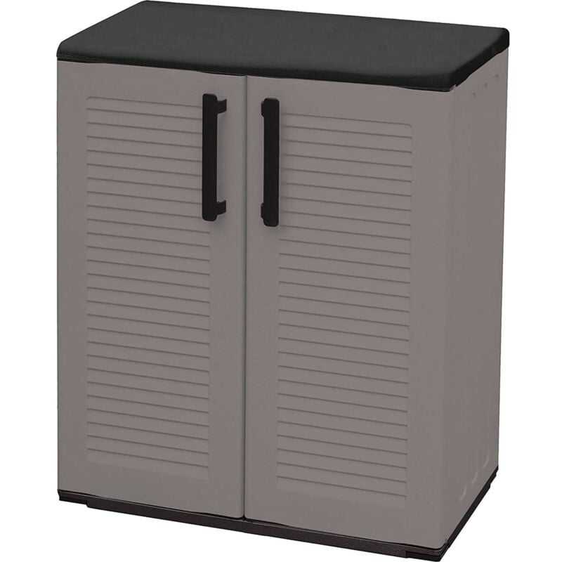 foto del prodotto mobiletto multiuso da esterno o interno, armadio basso a 2 ante e 3 ripiani in polipropilene, 100 made in italy, cm 68x37h84, colore grigio, con