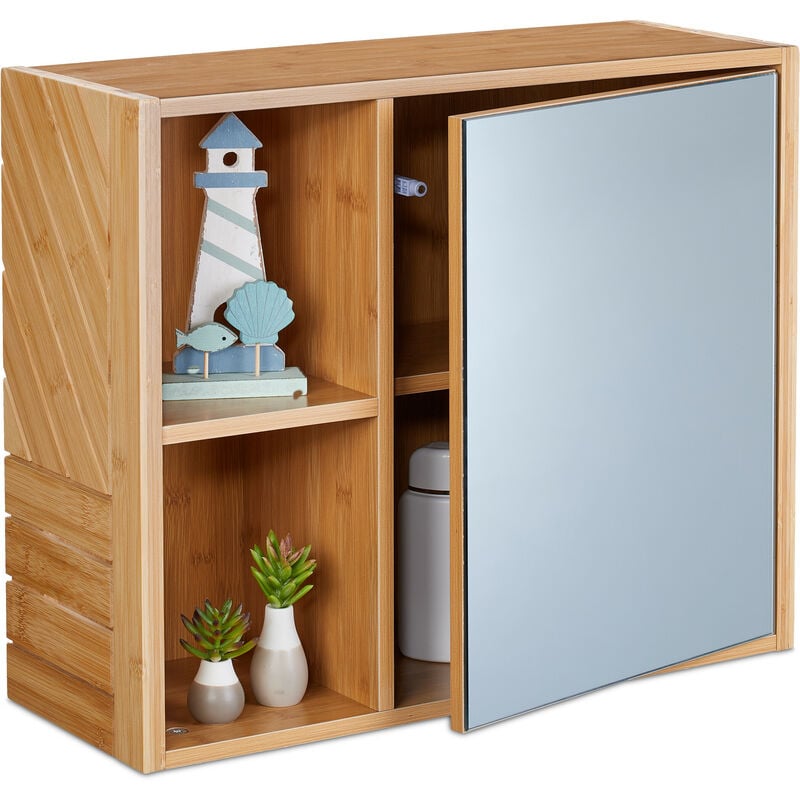 foto del prodotto mobiletto pensile da bagno, scomparti aperti, anta a specchio, armadietto da parete, 45x54,5x20 cm, naturale relaxdays