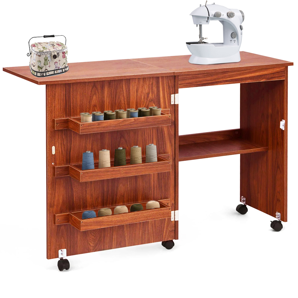 foto del prodotto mobiletto per macchina da cucire tavolo cucito pieghevole multiuso legno ciliegio