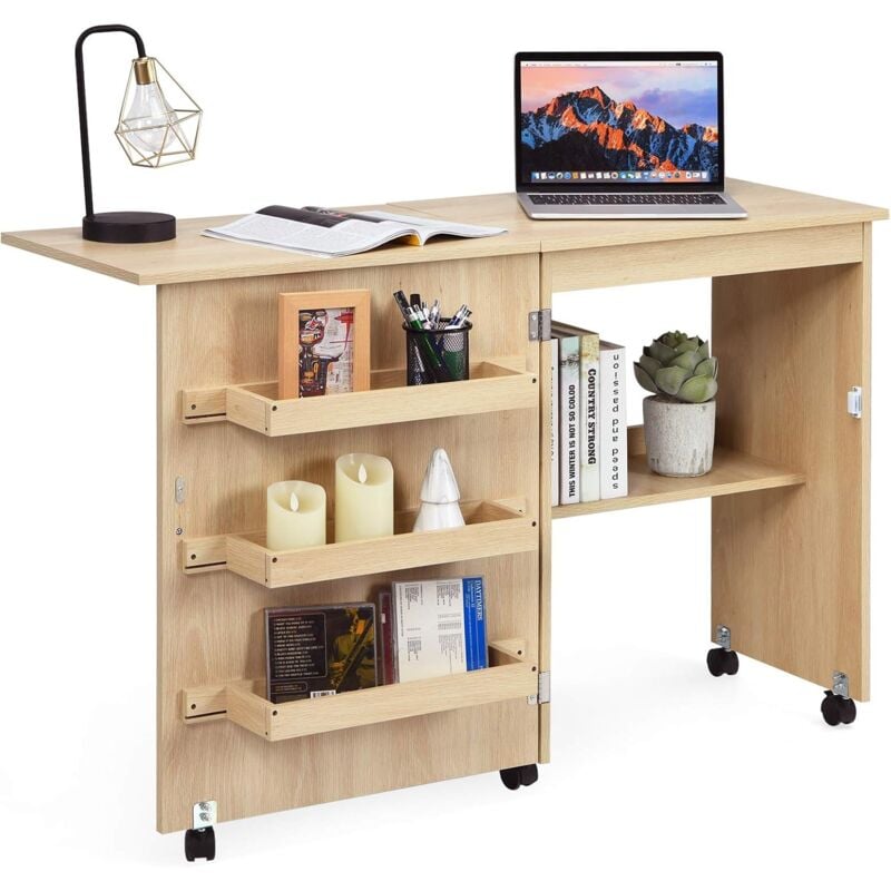 foto del prodotto mobiletto per macchina da cucire, tavolo da cucito pieghevole con mensole dimensioni 117 x 40 x 77 cm, legno chiaro