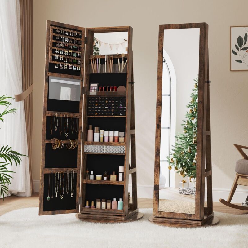foto del prodotto mobiletto portagioie con specchio girevole a 360 , contenitore 3 in 1 per cosmetici, 160 x 55 x 55 cm, marrone