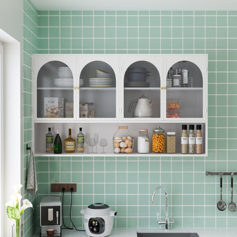 foto del prodotto mobiletto portaoggetti da parete in vetro a quattro ante da 120 cm, adatto per cucina, soggiorno, bagno bianco 