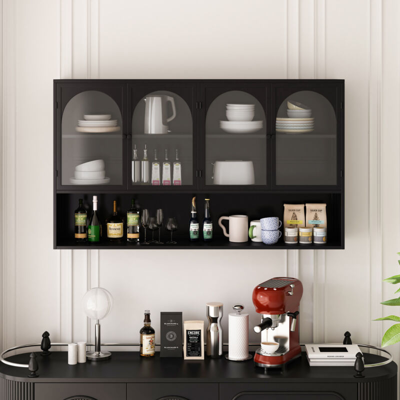 foto del prodotto mobiletto portaoggetti da parete in vetro a quattro ante da 120 cm, montaggio a parete, adatto per cucina, soggiorno, bagno nero 