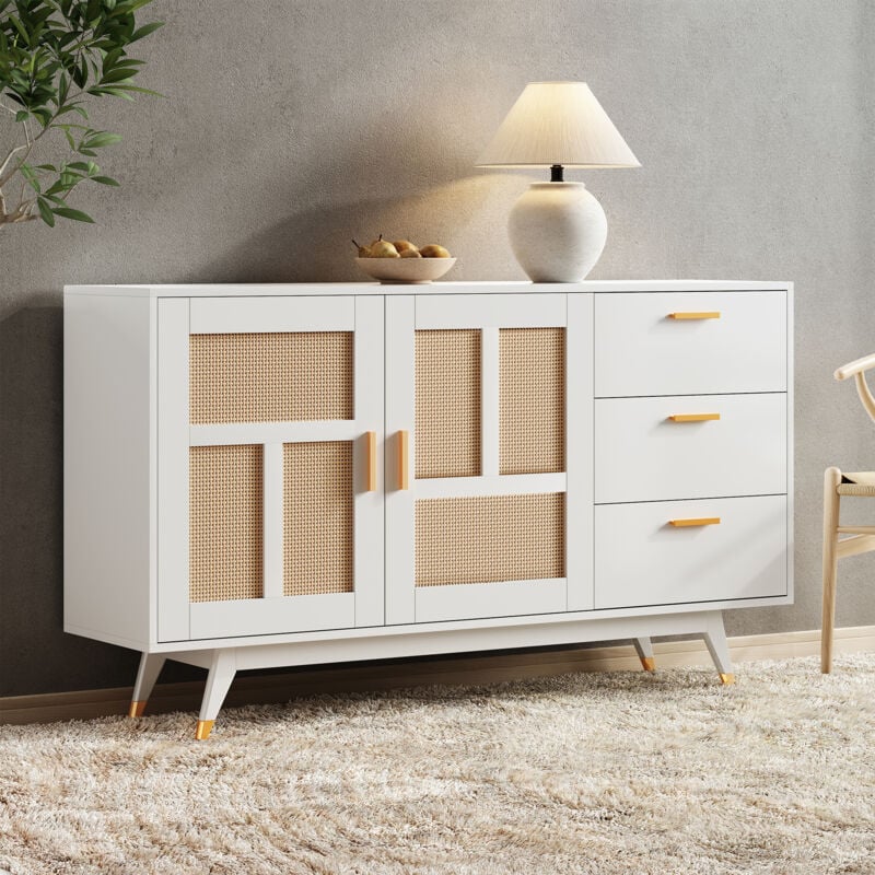 foto del prodotto mobiletto portaoggetti multifunzionale moderno decorativo in rattan bianco, 2 ante in rattan, 3 cassetti, decorazione dorata per buffet, 160x40x87cm