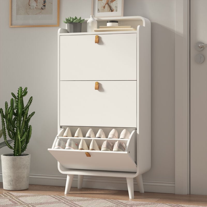 foto del prodotto mobiletto portascarpe con 3 cassetti a scomparsa, organizer per scarpe basculante indipendente, scarpiera stretta con scomparto superiore, bianco