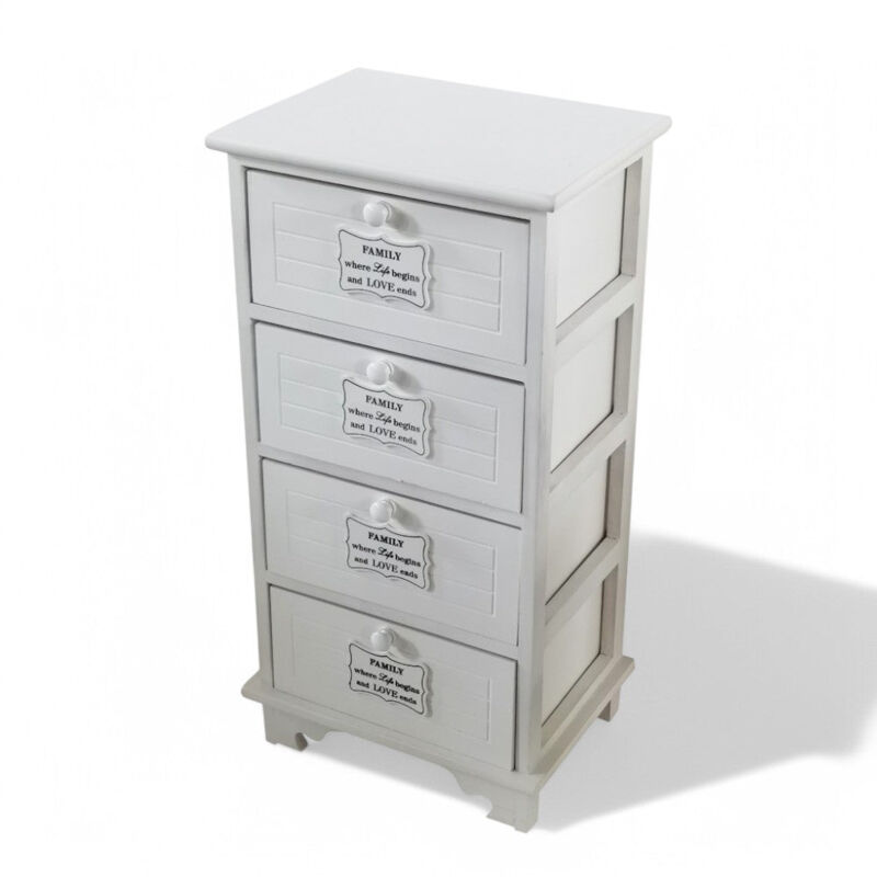 foto del prodotto mobiletto rettangolare bianco in legno con 4 cassetti 37x28xh73 cm