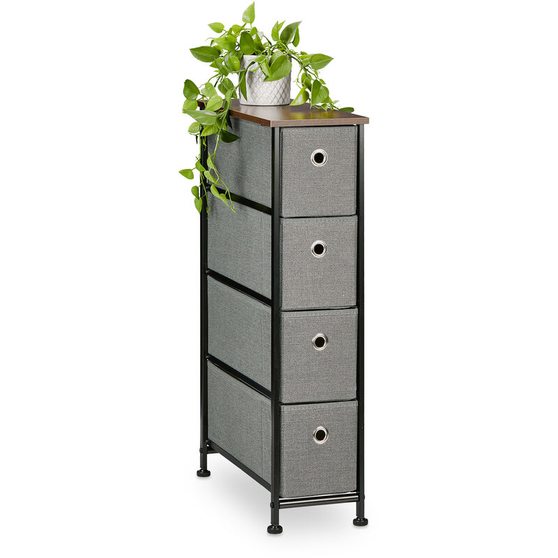 foto del prodotto mobiletto salvaspazio stretto, largo solo 20 cm, 4 cassetti in stoffa, cassettiera per salotto, marrone grigio relaxdays