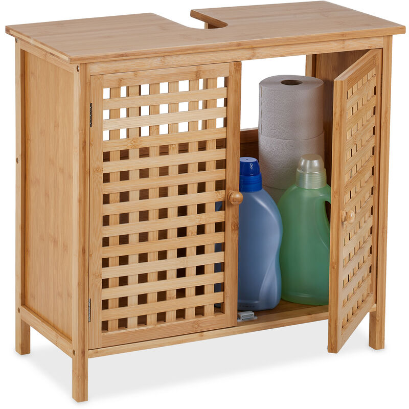 foto del prodotto mobiletto sottolavabo, armadietto per lavandino, ante con chiusura magnetica, bamb , hlp 61x66x30 cm, naturale relaxdays