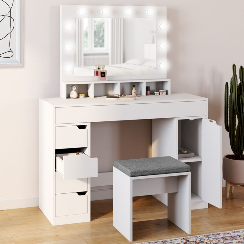 foto del prodotto mobiletto zelia bianco con specchio led, 4 nicchie, 5 cassetti, 1 mobile contenitore e sgabello imbottito