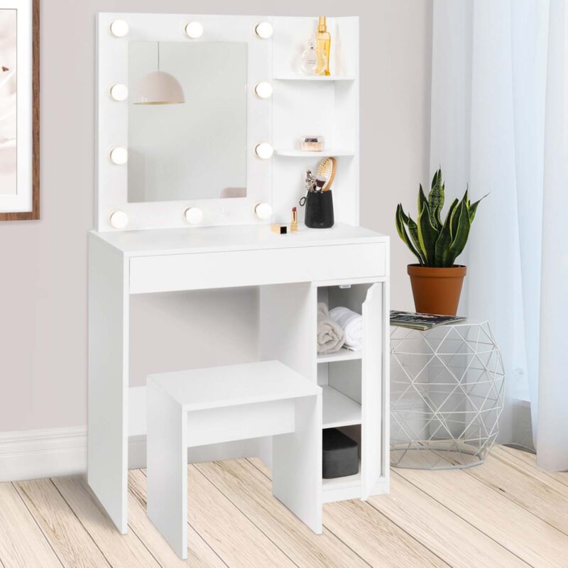 foto del prodotto mobiletto zelia con specchio led, 1 cassetto, ripiani, contenitore e sgabello