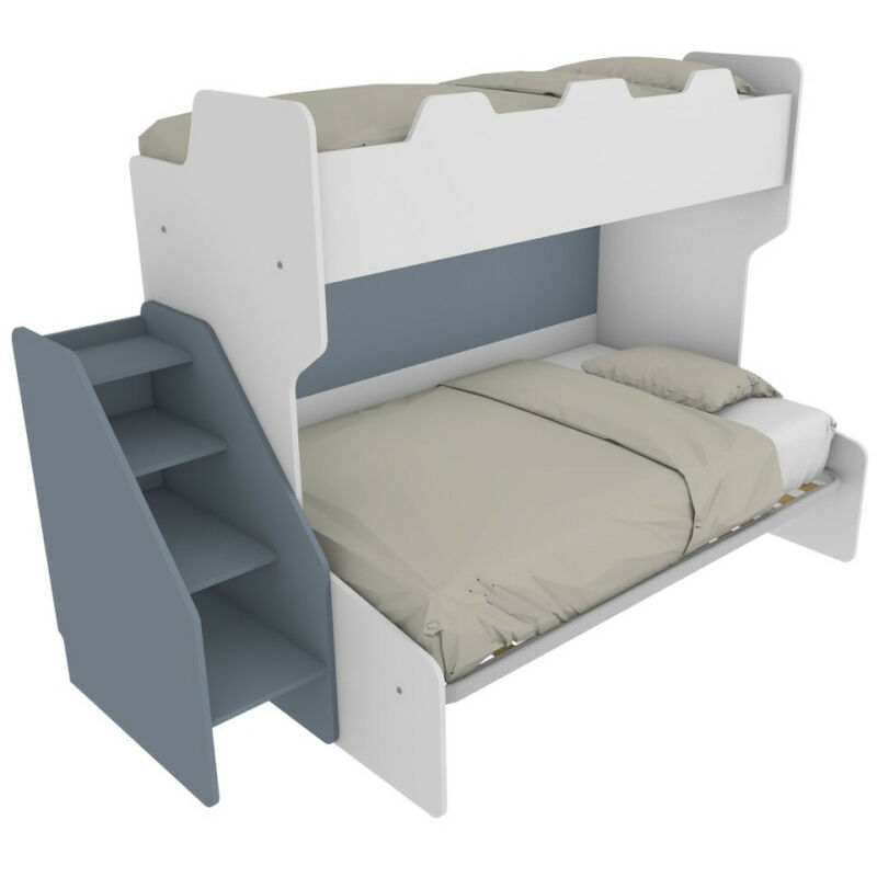 foto del prodotto mobilfino camerette letto a castello 3 posti con terzo letto estraibile e scaletta contenitore una piazza e mezza bianco e avio