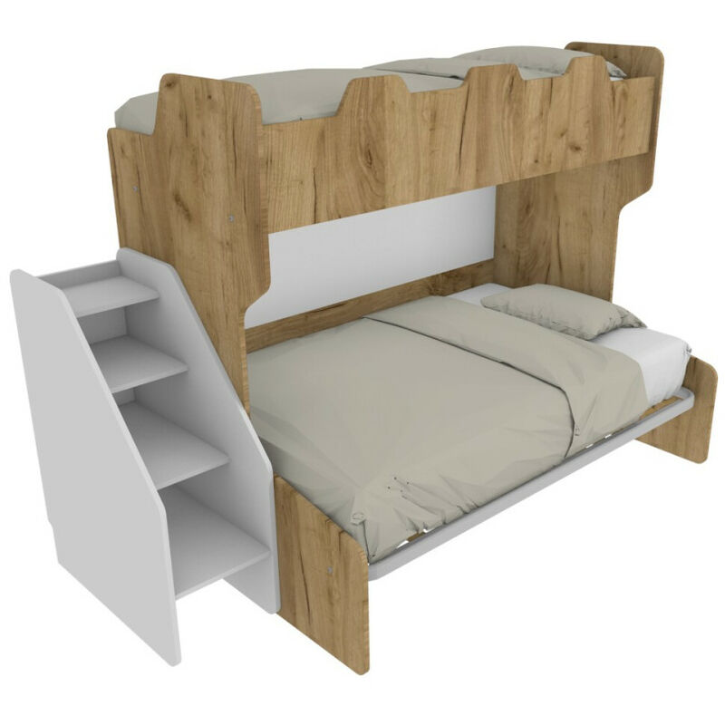 foto del prodotto mobilfino camerette letto a castello 3 posti con terzo letto estraibile e scaletta contenitore una piazza e mezza quercia e bianco