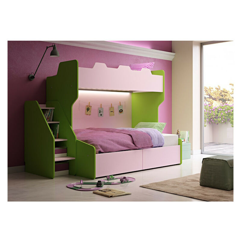 foto del prodotto mobilfino camerette letto a castello 3 posti con terzo letto estraibile e scaletta contenitore una piazza e mezza rovere rock
