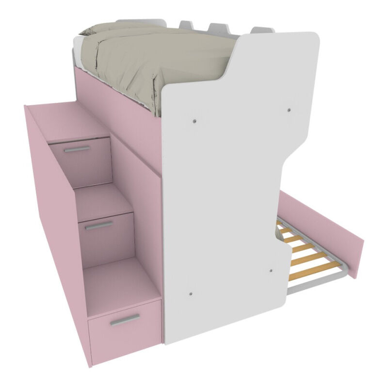 foto del prodotto mobilfino camerette letto a castello con scala contenitore e terzo letto estraibile cameretta salvaspazio bianco e cipria