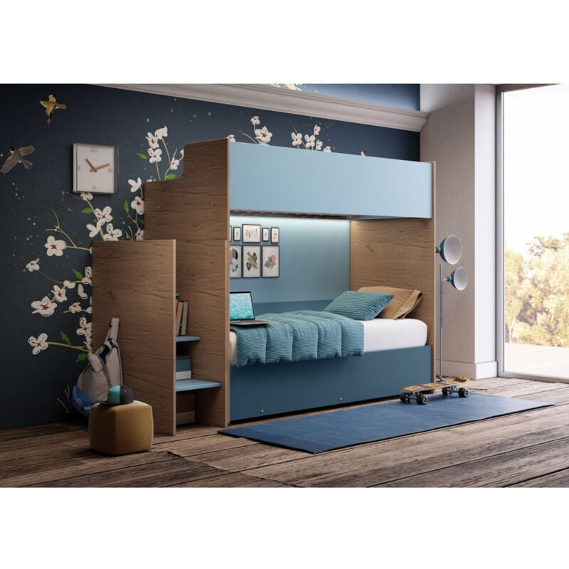foto del prodotto mobilfino camerette letto a castello minimalista con terzo letto estraibile quercia e bianco