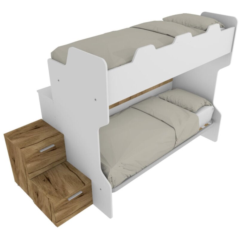 foto del prodotto mobilfino camerette letto a castello salvaspazio con scala a cassettoni e camminatoio bianco e quercia