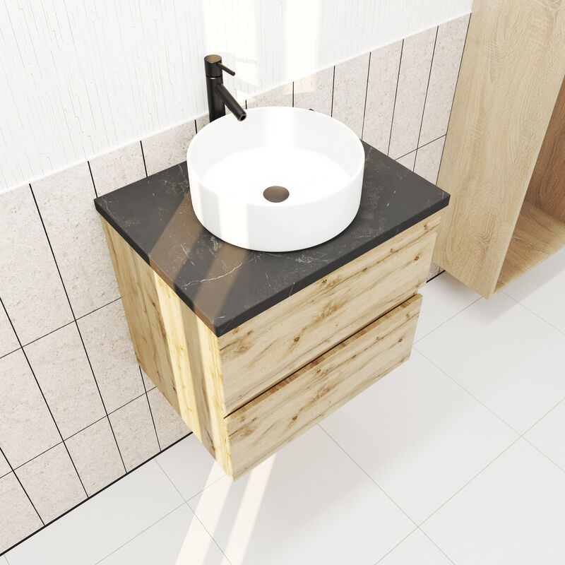 foto del prodotto mobili bagno 60 cm rovere naturale 2 cassetti e piano effetto marmo nero lavabo rotondo bianco
