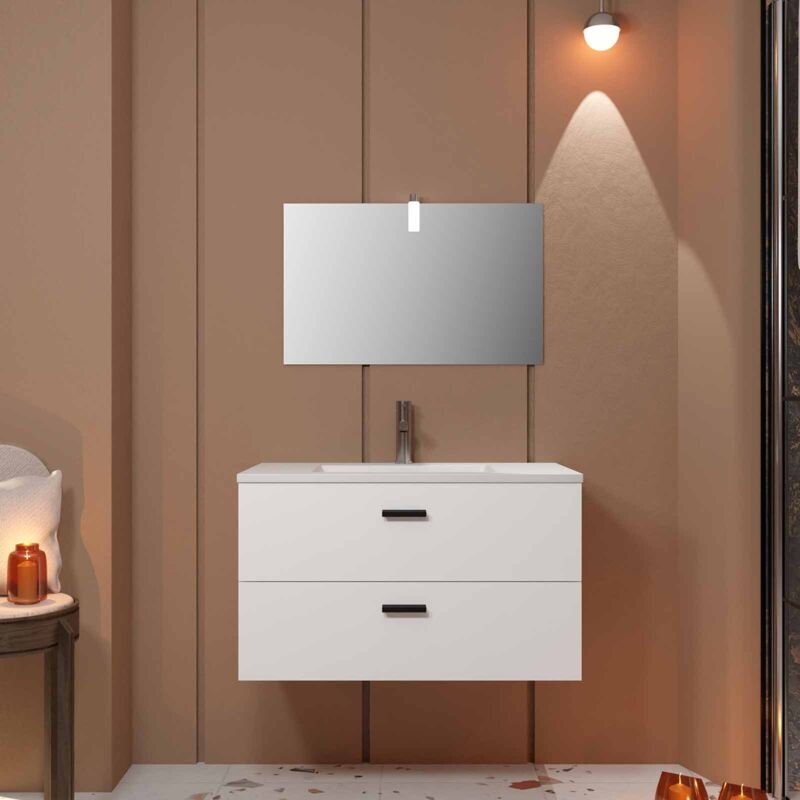 foto del prodotto mobili da bagno 80 cm 2 cassettis bianco lavabo bianco, specchio e applique a led box led